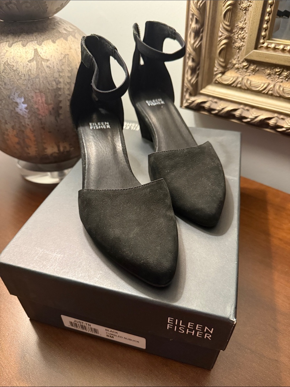 Eileen Fisher Black Suede Pointed-Toe Ankle-Strap Heels